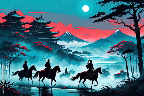  Asian landscape in the spirit of samurai in dark contrasting colors. Acrylic paints and a pleasant color palette. Great for cards, posters, promotional materials.