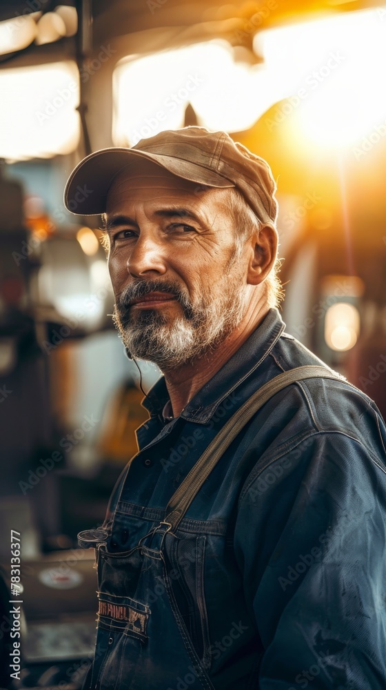 A man wearing a hat and overalls stands confidently in front of a truck, showcasing a rugged and industrial aesthetic. A man wearing a hat and overalls stands confidently in front of a truck, showcasing a rugged and industrial aesthetic.