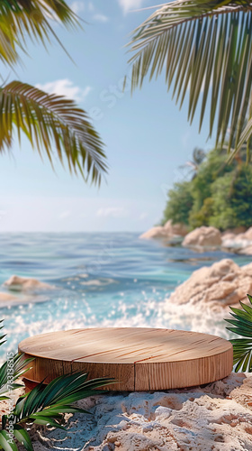 Wooden podium for product presentation on the beach with tropical plants and water in background, 3d rendering , illustration, banner mockup design 9:16