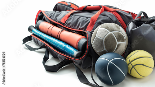 Variety of Sports Equipment Spilling from Gym Bag. Generative AI photo