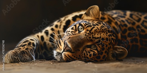 Exotic Wildlife Background  Relaxed Leopard Lying Down with Stunning Green Eyes