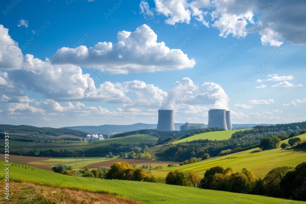 Nuclear power plant surrounded by beautiful scenic rural landscape with fields and blue sky