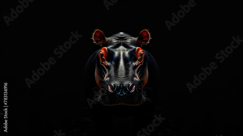Close-up on Hippopotamus over dark black background looking at the camera