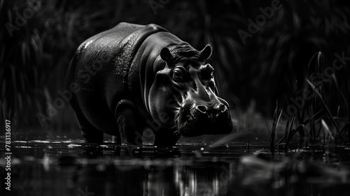 Hippopotamus standing in shallow water lit by moon light	