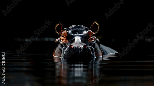 Hippopotamus in water with dark black background