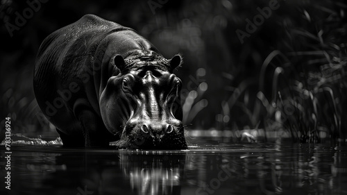 Hippopotamus standing in shallow water lit by moon light