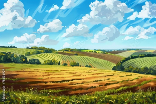 Stunning scenic view of beautiful rural landscape with lush green fields and clear blue sky