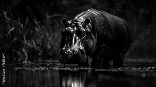 Hippopotamus standing in shallow water lit by moon light	
