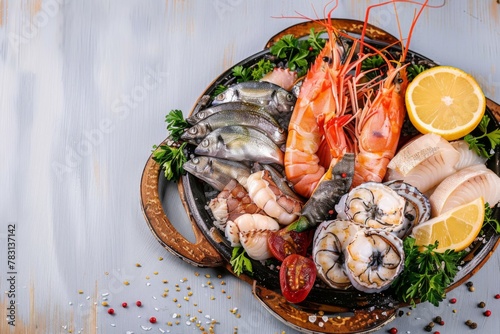 A plate of fresh seafood with whole fish and shrimps