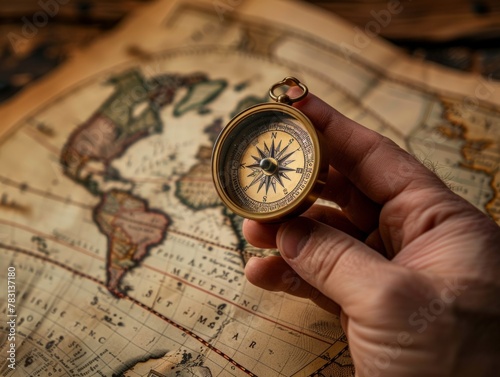 Vintage Compass Over Antique World Map - Exploring Uncharted Territories, Adventure & Wanderlust Concept Image for Microstock photo
