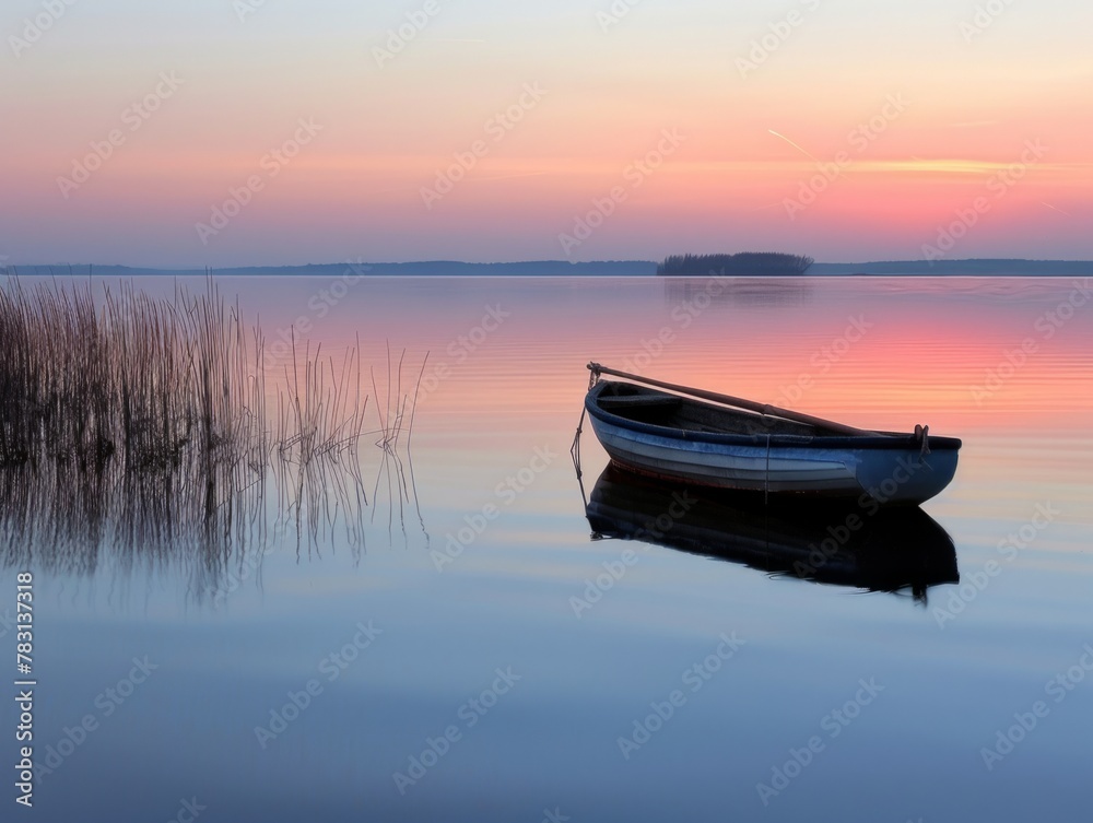 Serene Sunset Boat on Glassy Lake, Rule of Thirds Composition, Vibrant Sky Reflection, Silhouette Boat and Reeds