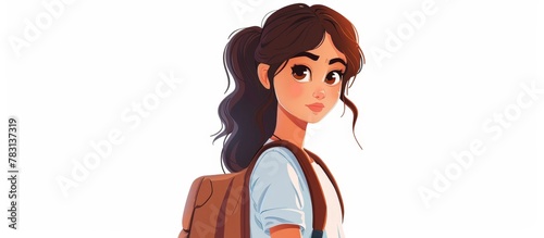 Young animated girl with a rucksack strapped on her back photo