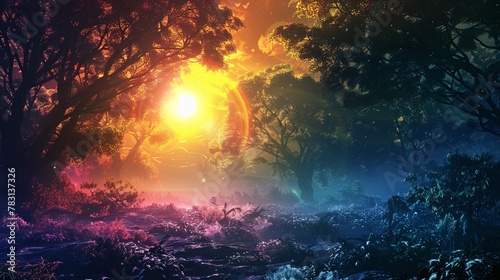 sunset forest pastel serene tranquil nature landscape colorful peaceful evening trees foliage dusk beauty calm glowing scenic twilight vibrant ethereal magical misty dreamy soft idyllic hazy romantic 