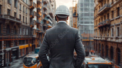 Concept portrait of attractive smart business man looking up forward to goal and target of business with blurred modern building background