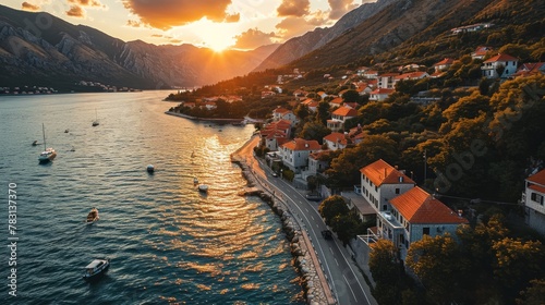 Generative AI Bay silhouette, drone's vantage, fading sunlight, coastal charm, detailed and vivid sunset at Boka Kotor Bay photo