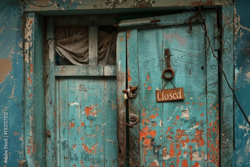 A blue metal door of a small workshop with a weathered Closed sign hanging on it