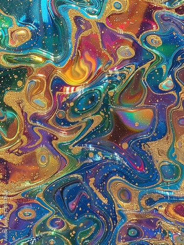 Iridescent leopard pattern, abstract swirls of shimmering colors, closeup, texture focus