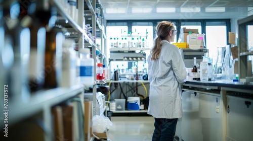 A female scientist in a lab coat is conducting experiments in a laboratory with various equipment and chemical substances