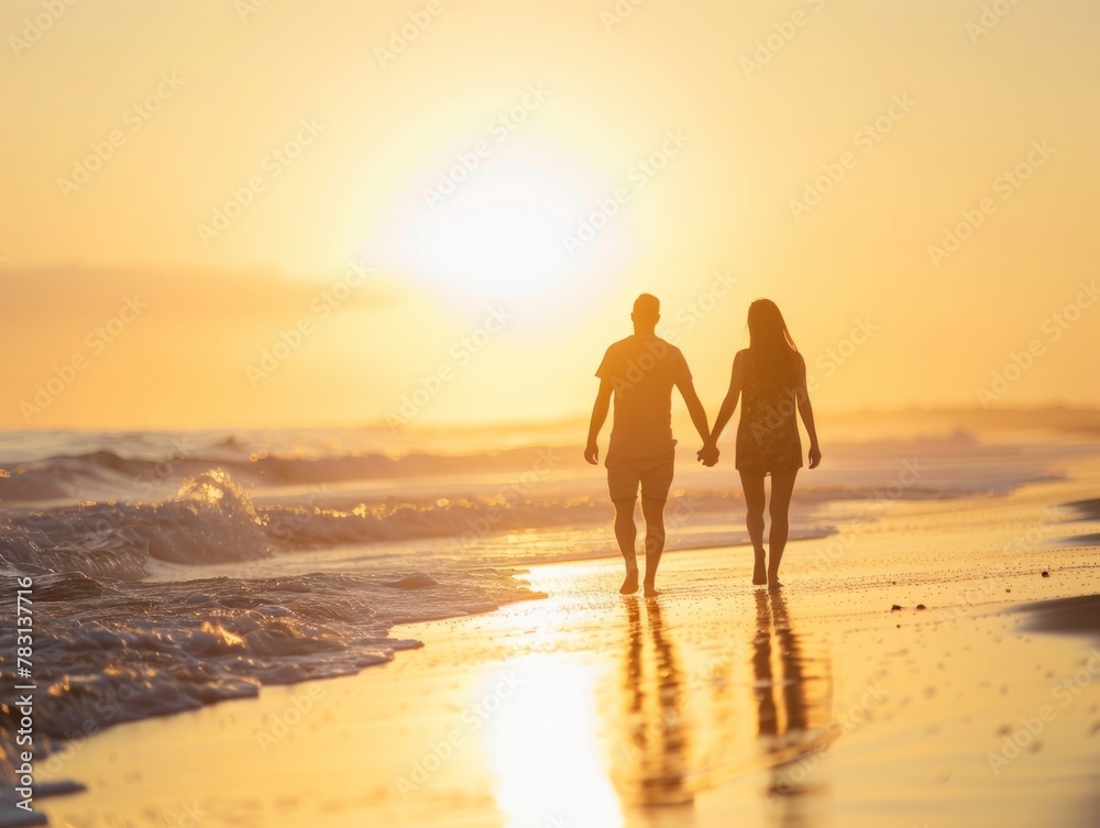 Romantic Couple Holding Hands Walking Along Beach at Sunset, Silhouettes Illuminated by Golden Light, Serene Moment Capturing Essence of Love and Nature's Beauty