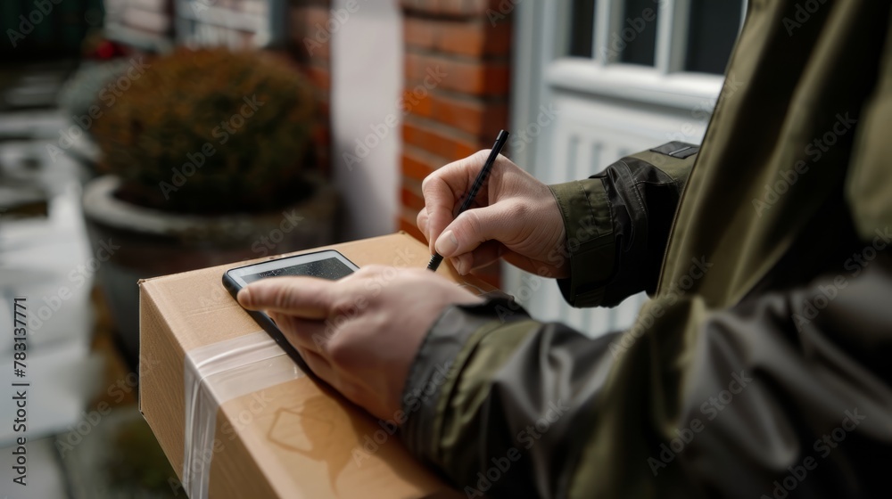 Closeup of a hand writing on a piece of cardboard, depicting a customer signing a digital device held by a delivery person to confirm receipt of a parcel