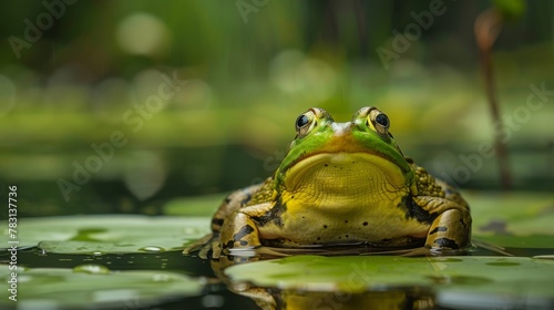An American Bullfrog is perched on a vibrant green lily pad in a tranquil pond setting. The frogs glossy skin contrasts with the delicate leaves underneath. © vadosloginov