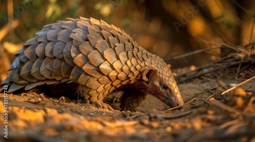 A brown and black armadillo is seen on the ground, moving slowly and searching for food. Its armored shell glistens in the sunlight as it scours the earth for insects and grubs.