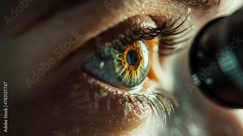 A close-up view of a biologists eye peering through a magnifying glass  focusing intently on a subject