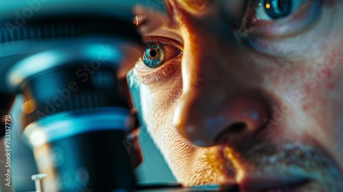Close-up of a biologists eye looking through a microscope eyepiece to examine a specimen in a laboratory setting