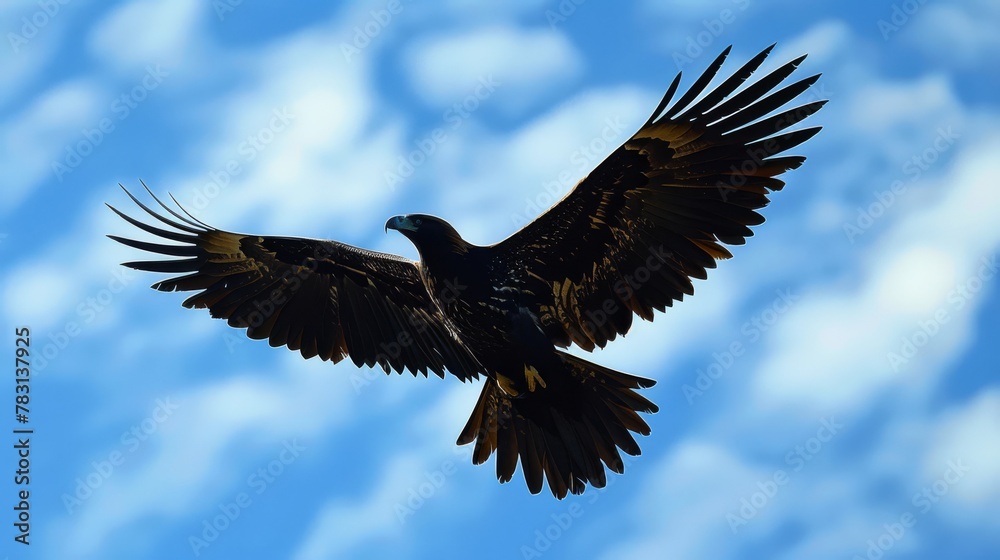 Obraz premium A large Wedge-Tailed Eagle, known for its impressive wingspan, gracefully soaring through a sky filled with fluffy clouds in shades of blue.