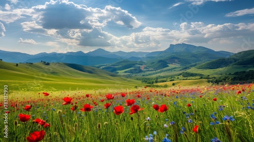 A stunning field bursting with colorful flowers stretches towards majestic mountains in the background. The vibrant scene showcases a beautiful contrast between the delicate blooms and the rugged moun