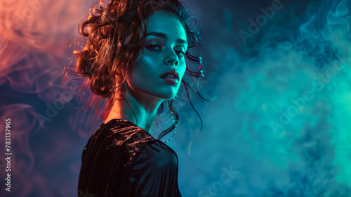portrait studio d'un modèle femme éclairée sous lumière rouge et bleue photo
