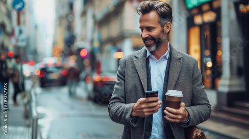 A businessman in business casual attire walking down a city street while holding a cup of coffee.