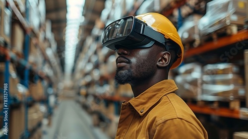 Warehouse employees using smart glasses for augmented reality picking and packing in the style of stock photo image photo