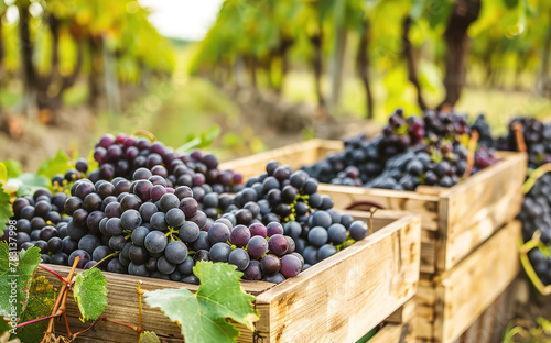 ripe dark grapes in wooden boxes against the background of a vineyard. grape harvest photo