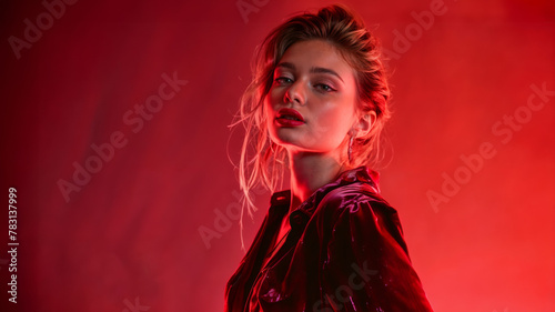portrait studio d'un modèle femme éclairée sous lumière rouge intense