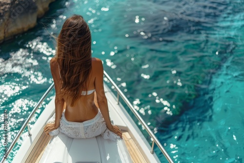 A carefree young woman enjoys the ocean view from the deck of a luxury yacht on a sunny day