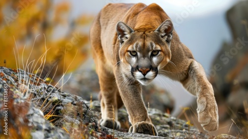A mountain lion is seen walking across a rocky hillside, displaying its natural grace and strength as it navigates the terrain with ease. The rugged landscape provides a stark backdrop to the felines 