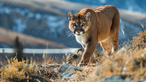 A mountain lion is striding confidently across a rocky hillside in its natural habitat. The majestic feline moves gracefully, showcasing its powerful and agile movements on the uneven terrain. photo