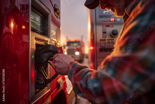 A man is using a gas pump to fill his truck with fuel, holding a fuel card and inserting it into the payment terminal © Ilia Nesolenyi