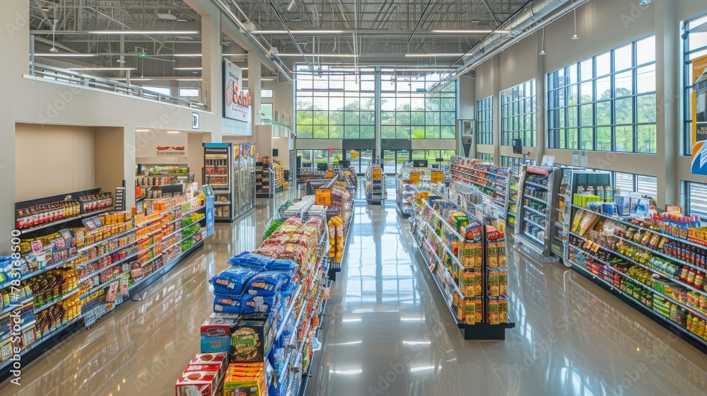 A high-angle view of a bustling grocery store filled with neatly organized aisles brimming with a wide selection of food products