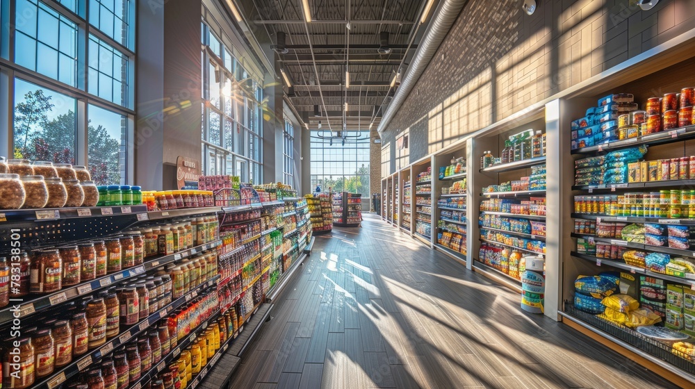 A high-angle shot of a bustling grocery store with neatly organized aisles brimming with a wide selection of food items