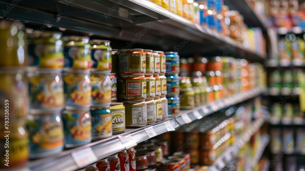 A store aisle filled with neatly stacked cans and jars of various canned food products