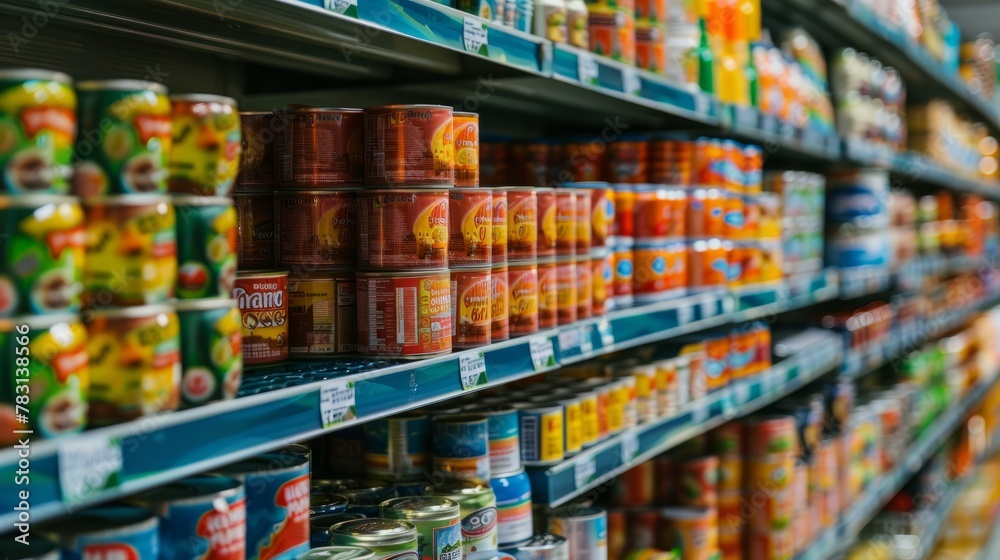 A commercial photograph showing a low-angle shot of a store shelf filled with neatly stacked cans and jars of food