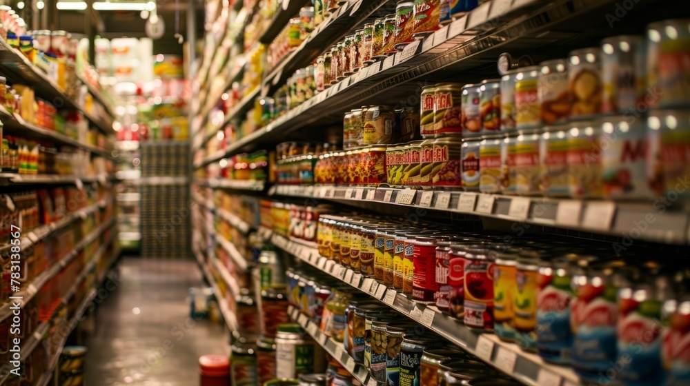 A view of a supermarket aisle packed with neatly arranged canned and jarred foods, displaying a wide variety of products