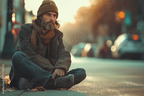 Poor homeless man outdoors on winter day. young or adult man guy, sitting on the street begging, begging, unkempt with a beard, park, autumn, group of people, sunny day portrait or close-up photo