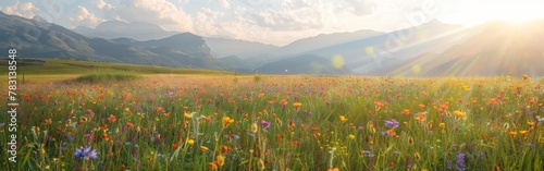 A vast field filled with an array of wildflowers stretches out towards the towering mountains in the distance. The colorful blooms create a vibrant contrast against the rugged mountain backdrop, showc