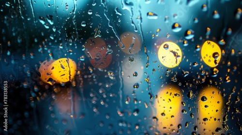 Rain drops are seen trickling down the window of a parked car, creating a pattern of droplets. The cars window acts as a canvas for the rain, with water droplets sliding slowly down the glass surface.