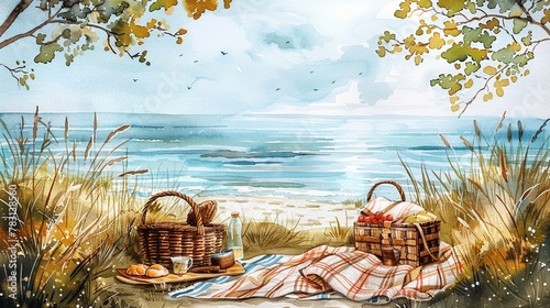A cozy scene of a family picnic on the beach, with a watercolor ocean view, complete with picnic blanket and basket  isolated on white background clipart photo