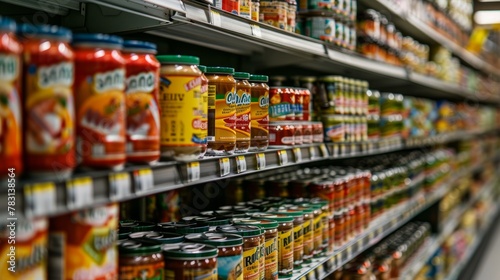 A grocery store aisle packed with neatly stacked cans and jars filled with various canned foods photo
