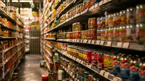 A view of a supermarket aisle packed with neatly arranged canned and jarred foods, displaying a wide variety of products photo
